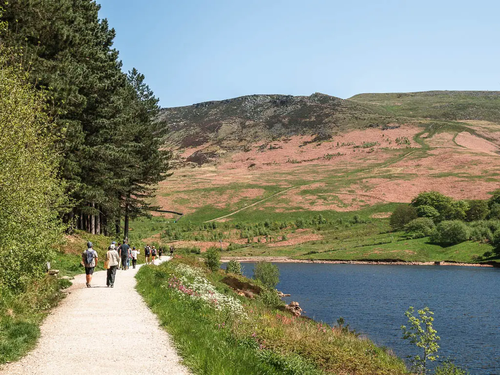 A wide well maintained path on the left, with the blue reservoir to the right. There are lots of people walking along the path.