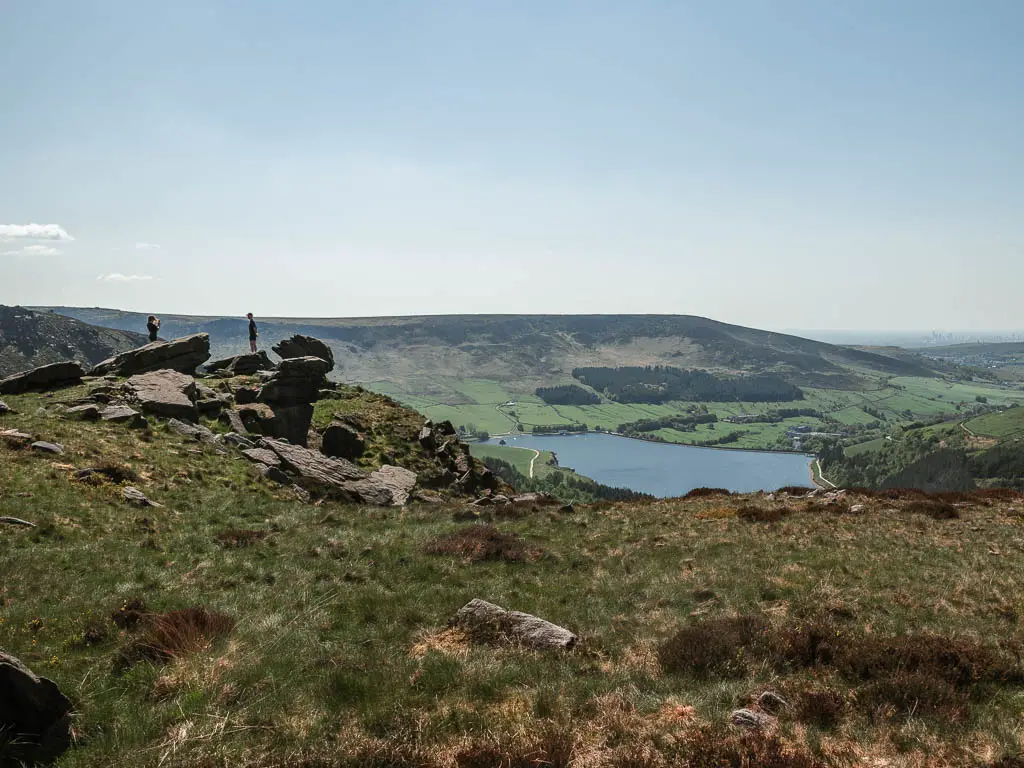 Looking across the grass, to some rocks ahead to the left, and the blue water in the valley below.