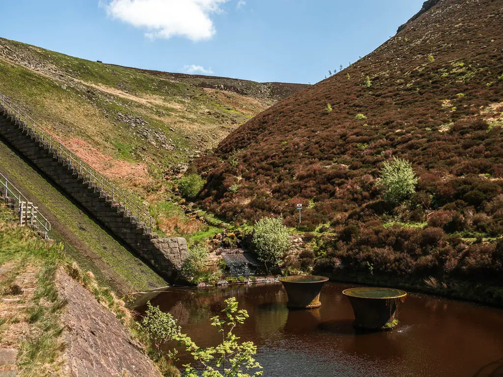 A pool of water in the dip in the valley hills.