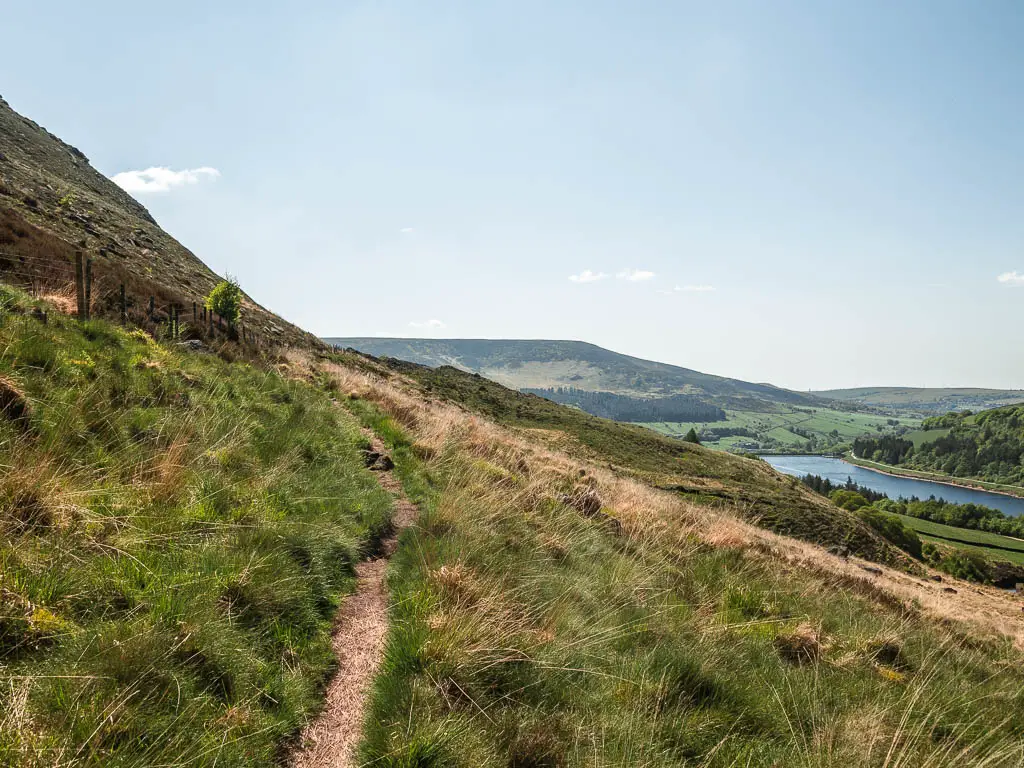 A thin trail on the grass hillside.