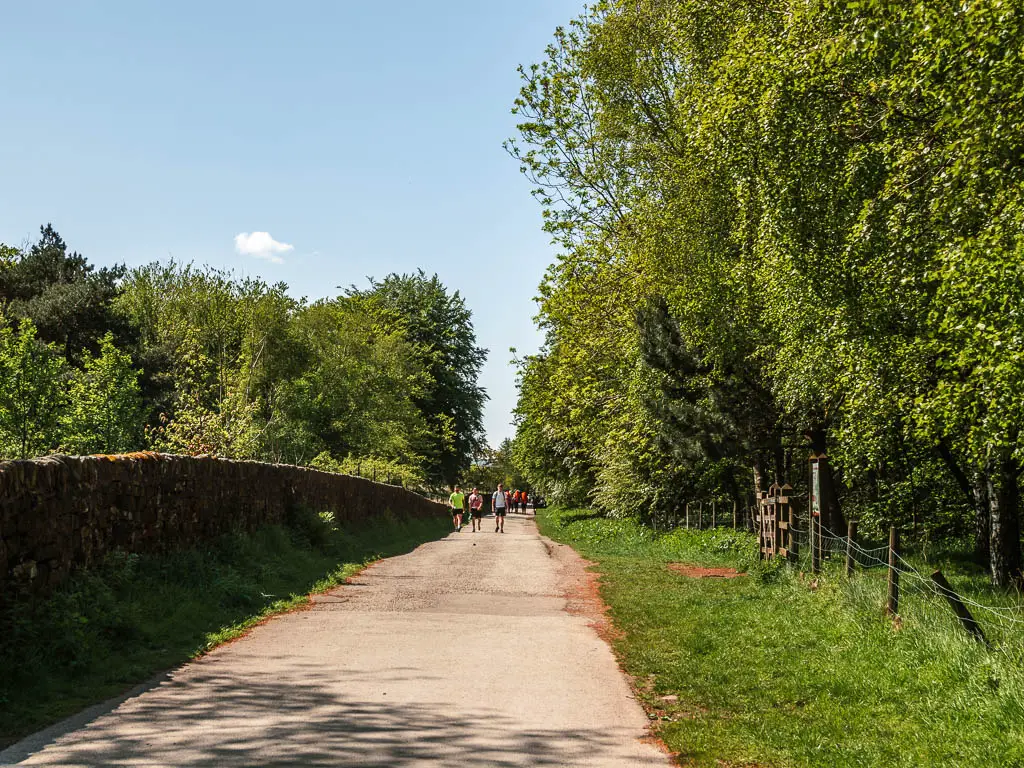 A wide path with lots of people walking along it. There is a strip of grass and woodland trees on the right, and a tall stone wall on the left.