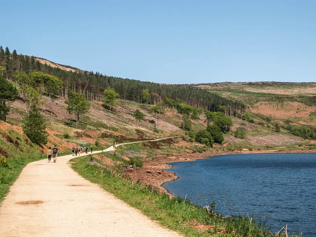 A wide path curving around the left side of the blue water of the reservoir. There are lots of people walking along the path ahead. 