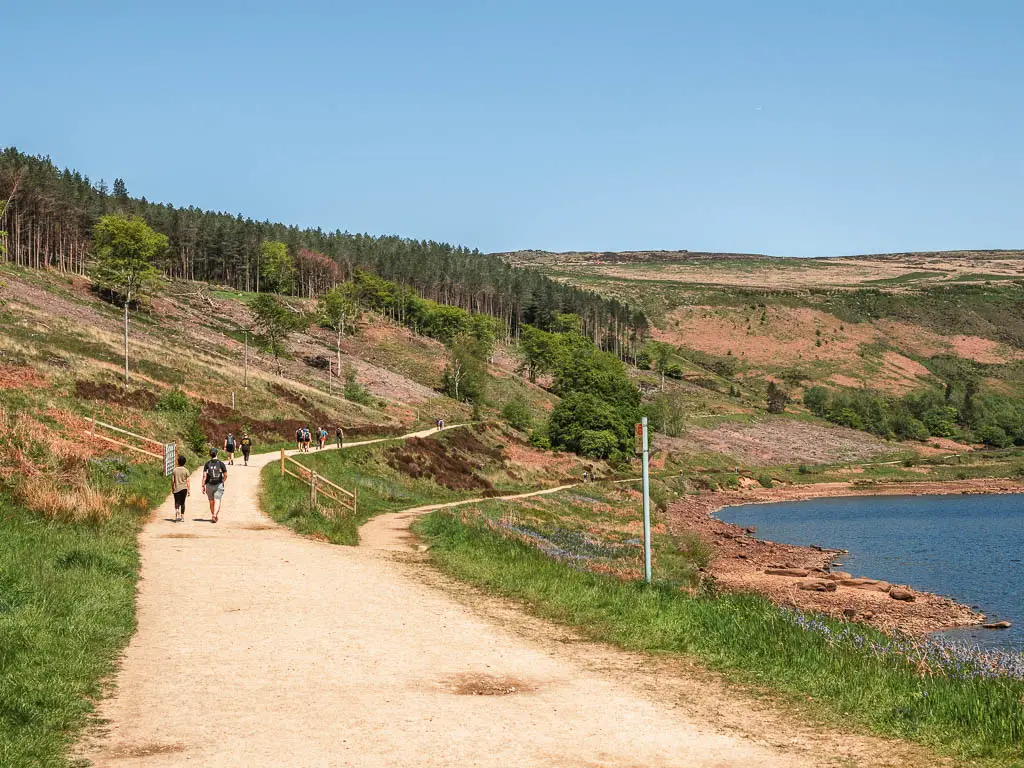 A split in the path, with a hill up the left and the reservoir below to the right. There are lots of people walking along the path.