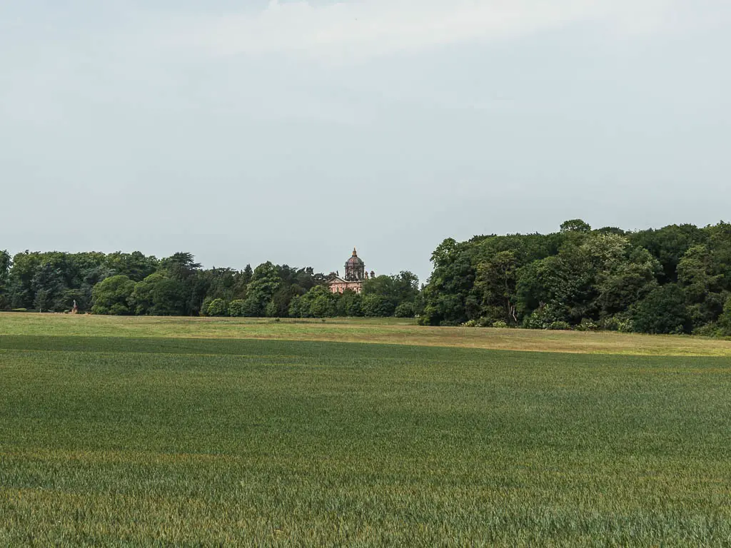 Looking across a large green field, to the top of Castle Howard through the trees in the distance, near the end of the circular walk.