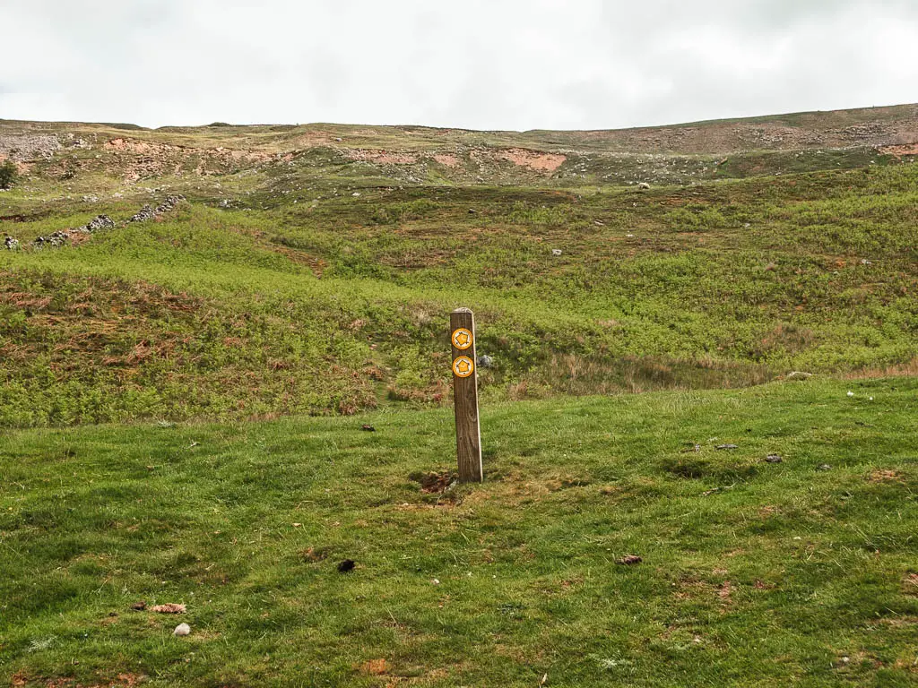 A wooden stump signpost on the grass hill, with yellow arrows pointing ahead and right.