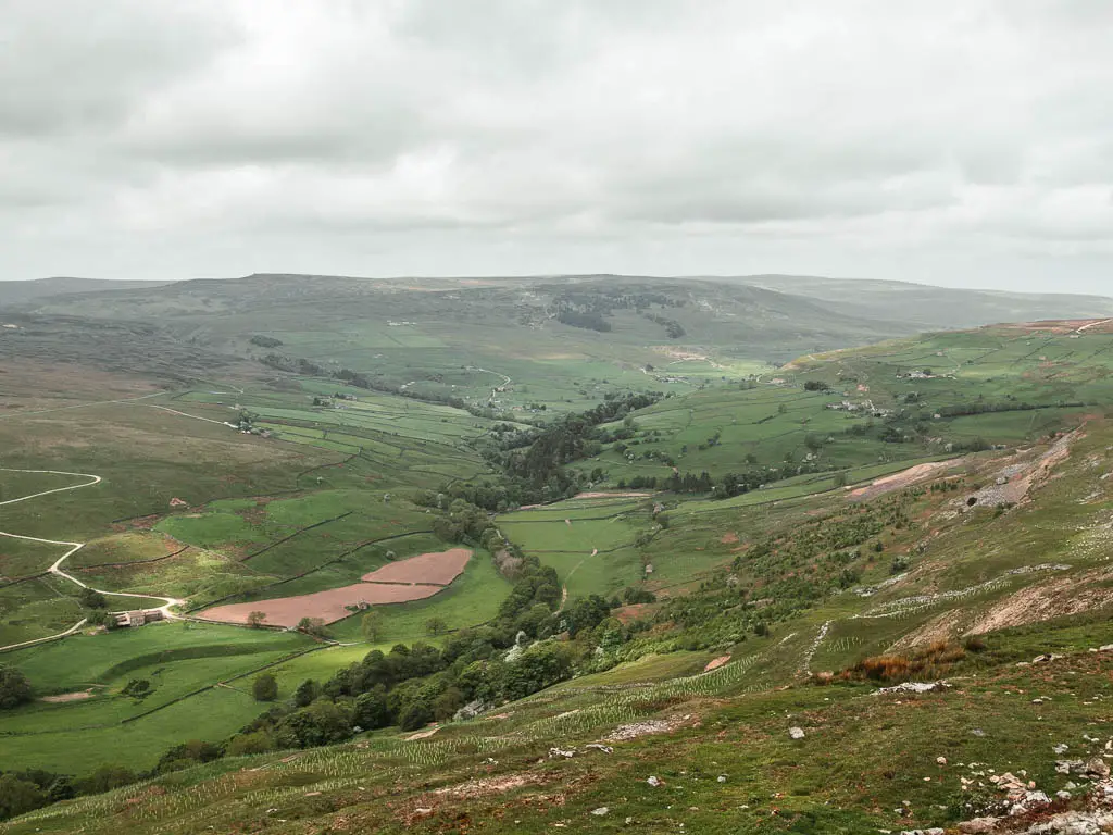 Looking down the hill to the valley below. The landscape is fields of green, with a strip of trees running through the bottom.