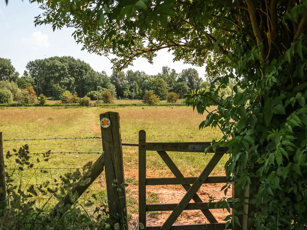 A wooden gate, with a yellow arrow pointing ahead to the field on the other side.