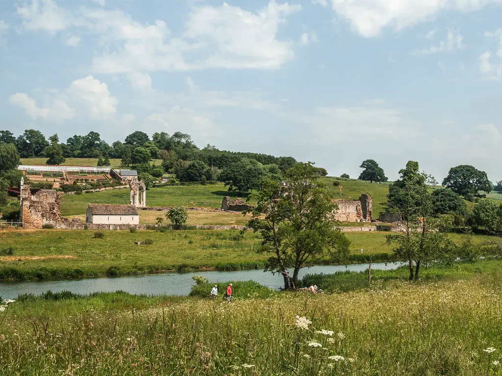 Looking over the tall grass and plants, to the river, with the ruins of Kirkham Priory on the other side, at the start of the walk. There are two people walking down by the river.