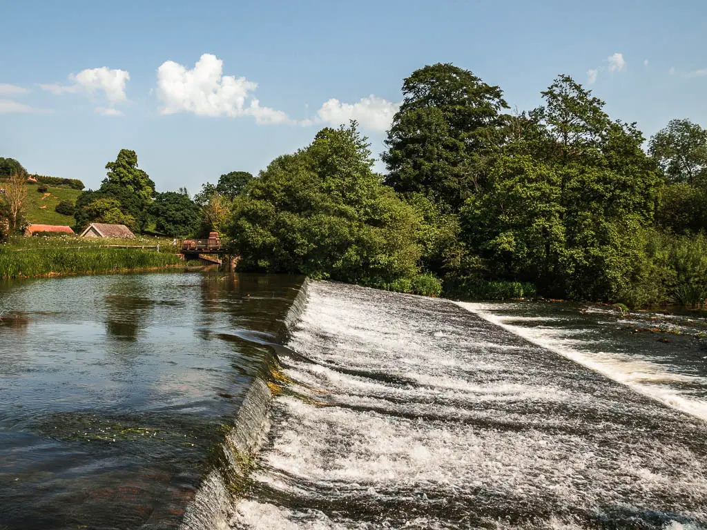 Water cascading down to the right, at the end of the Kirkham Priory walk.