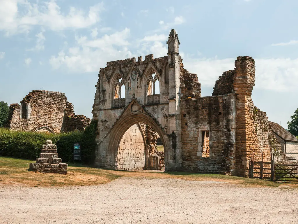 The ruins of Kirkham Priory, on the edge of the gravel car park, at the start of the walk.