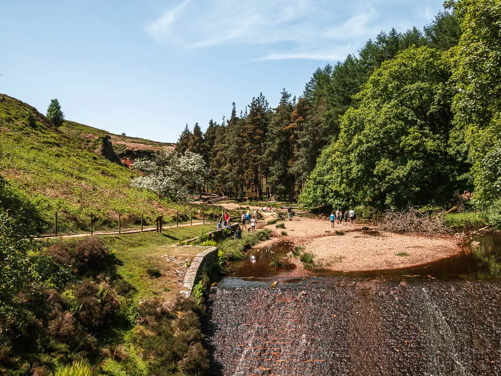 Looking over the water and bank on the edge of the Langsett Reservoir, with a grass hill and path to the left, and woodland trees to the right. There are lots of people walking along the bank ahead. 