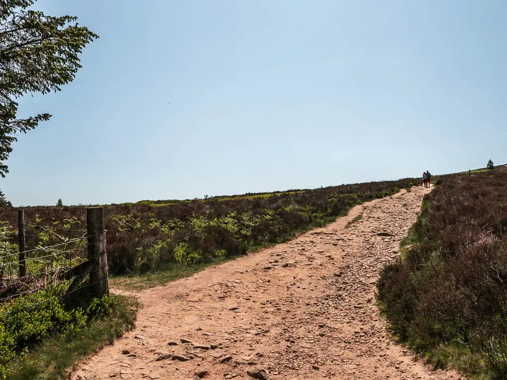 A rugged rocky path leading ahead to the right, surround by moorland.