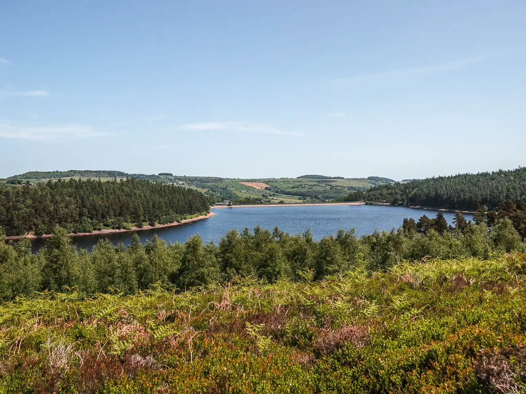 Looking across the greenery and tree tops, to the blue water of the Langsett Reservoir in the distance, when walking across the moor.