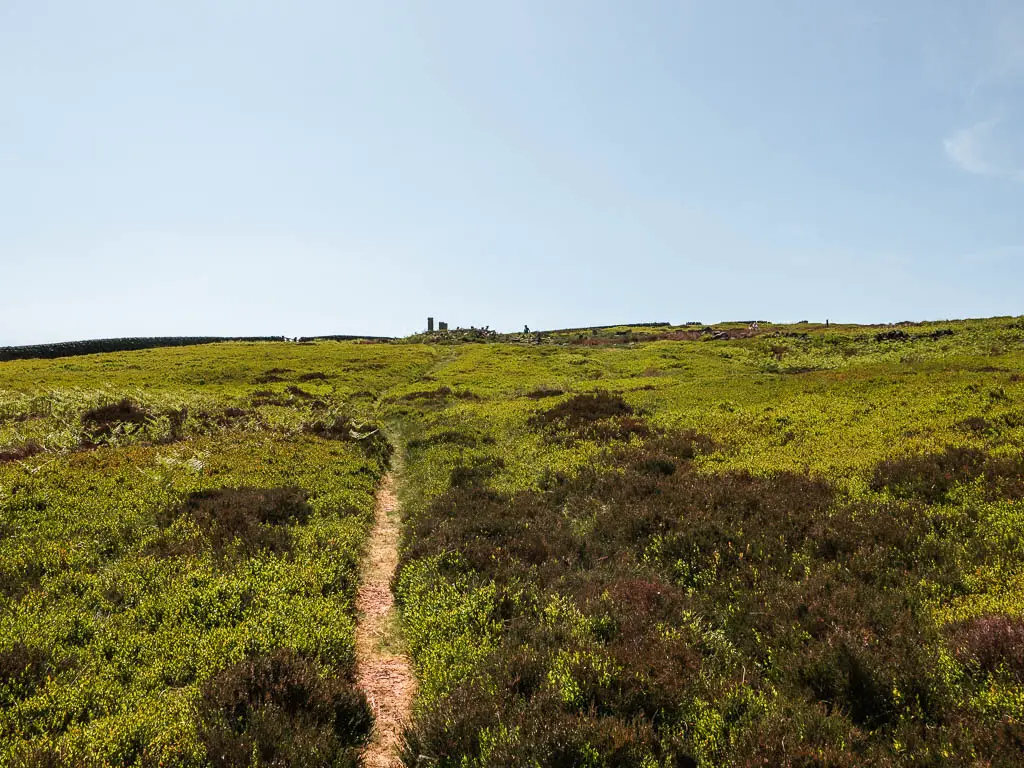 A narrow trail leading up through the green and brown coloured moor, as part of the circular walk around the Langsett Reservoir.