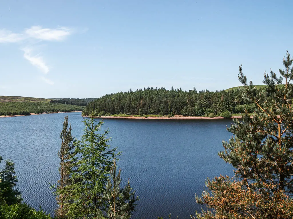 Looking past the trees and down to the blue water of the Langsett Reservoir. There is a mass of woodland trees on the other side.