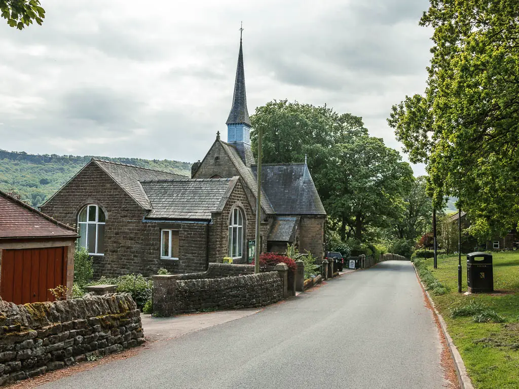 A church on the left side of the road, near the end of the Pateley Bridge walk.