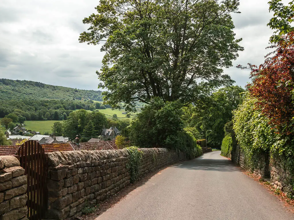 A road leading straight ahead, with a stone wall on the left, and bushes overhanging the stone wall on the right. There is a view over the left stone wall to rooftops and a tree covered hill in the distance. 