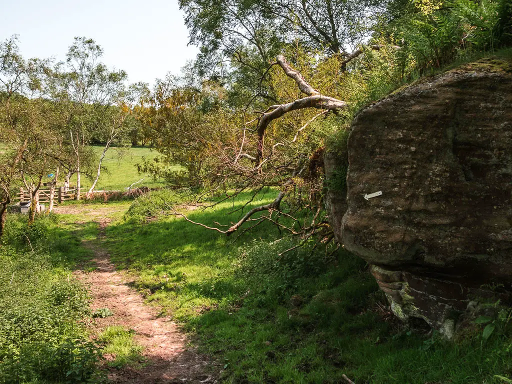 A big rock on the right, with a white arrow pointing along the trail on the left, guiding the way to Brimham Rocks, on the circular walk from Pateley Bridge.