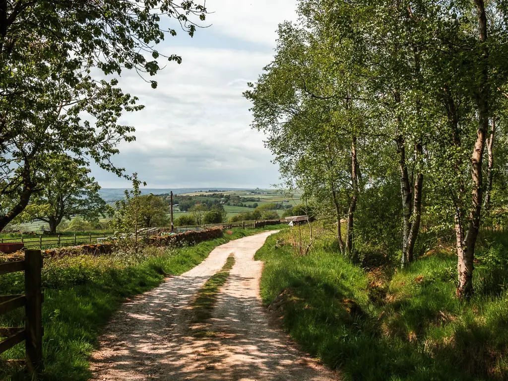 A track type road, lined with grass and trees to the right, and a grass strip and stone wall to the left, and views of fields in the distance. 