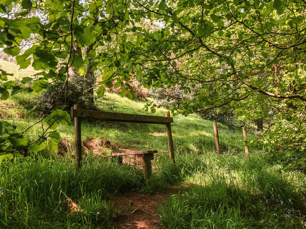 A wire fence and wooden stile, leading to a steep grass hill on the other side.