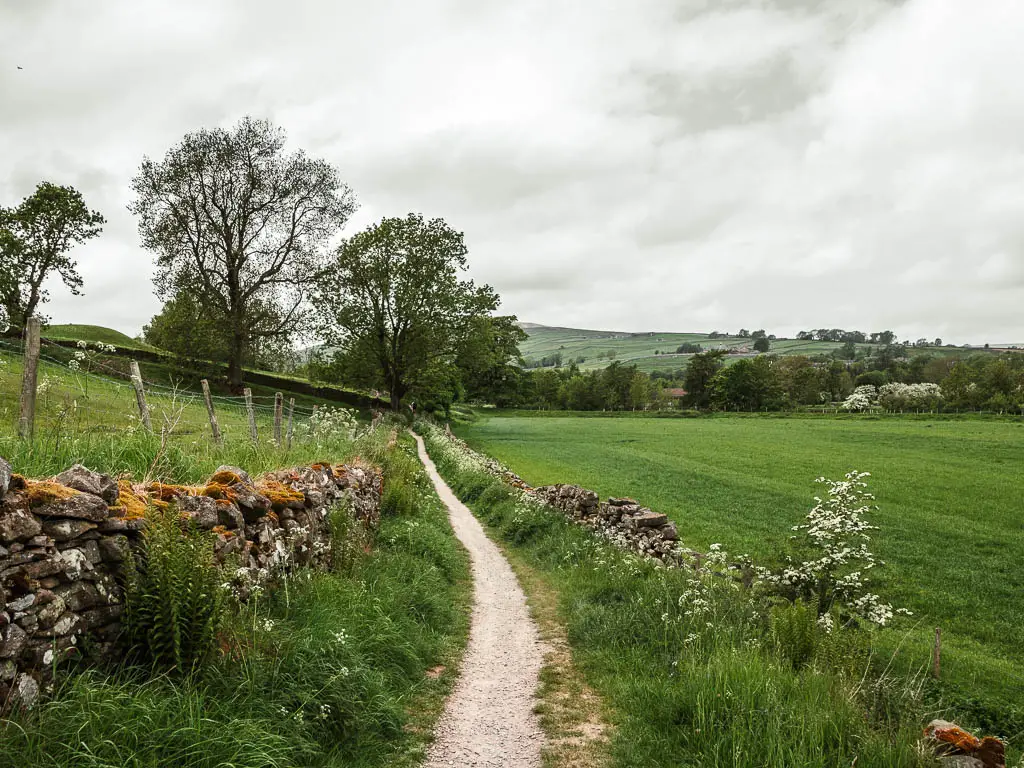 A thin trail lined with grass and stone walls, on the walk back to Reeth. There is a large neatly cut grass field on the right side.