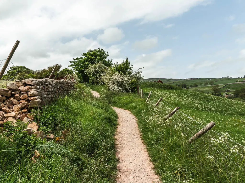 A gravel trail lined with overgrown green grass, with a fallen down wire fence on the right, and stone wall to the left.