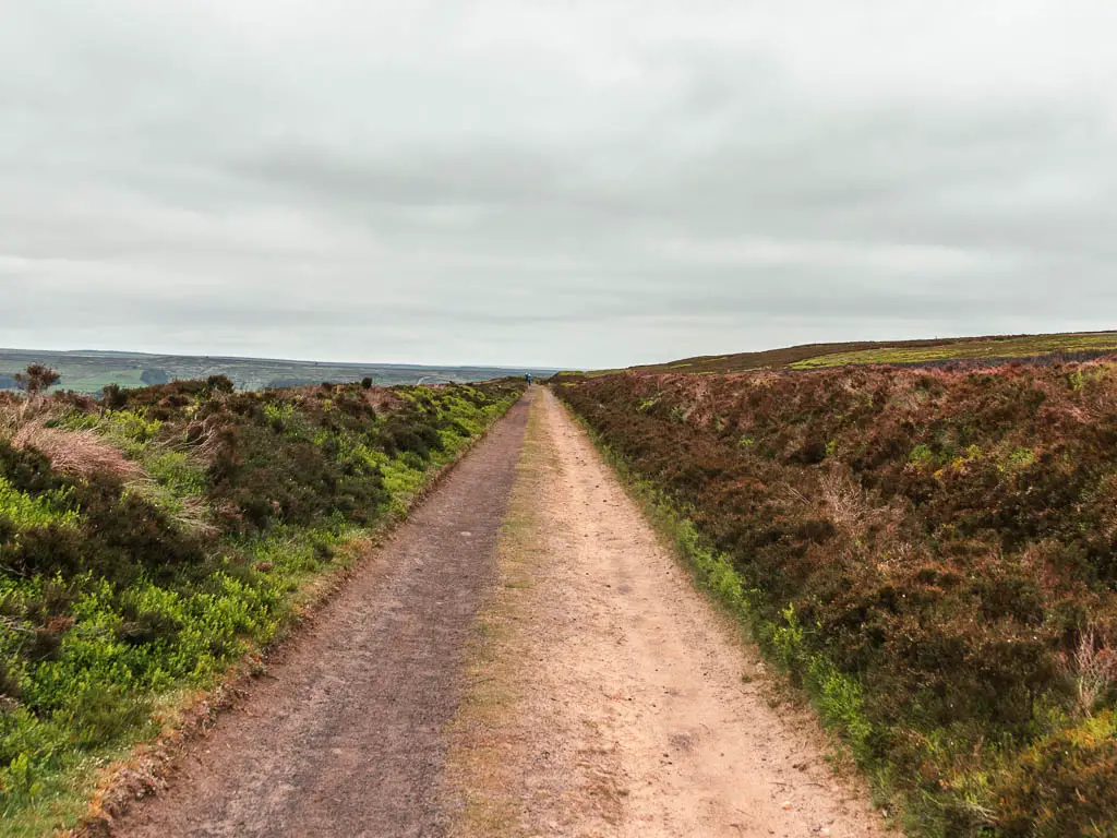 The Rosedale Railway path leading straight ahead, lined with brown and green coloured moorland.