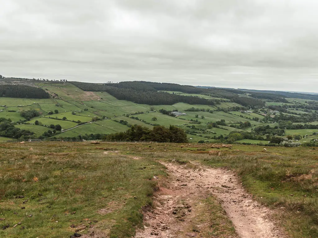 A rugged dirt path leading across the grass field, with a view to a hill rising up in the distance. 