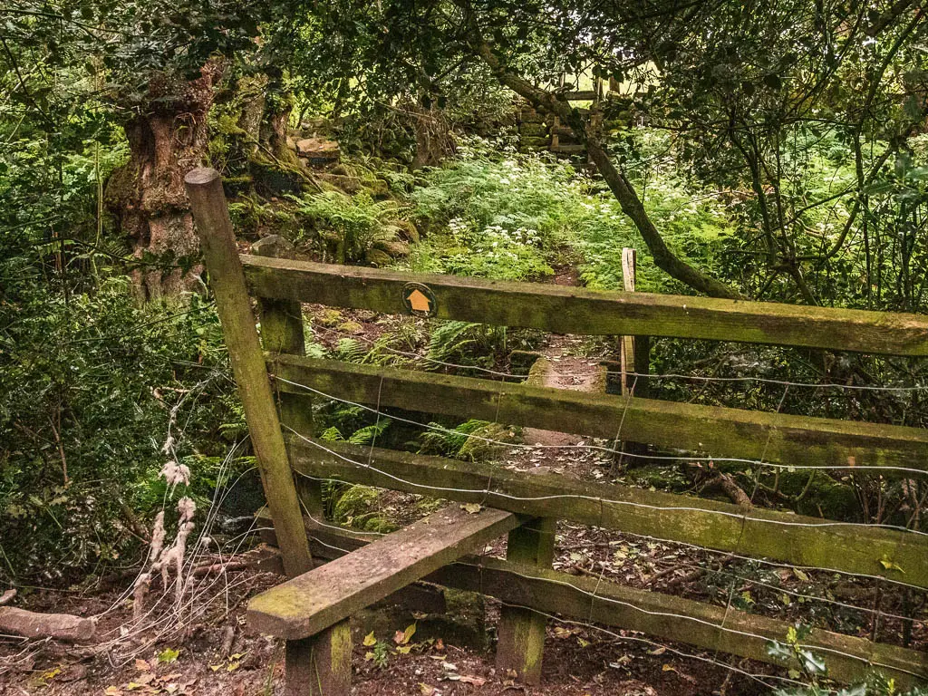 A wooden style leading to a dirt path, in the woods.