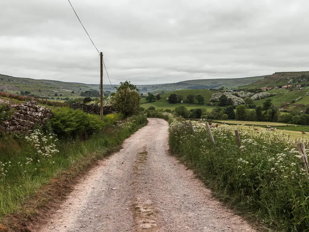 A gravel road lined with green bushes, and a view to hills and field sin the distance. 