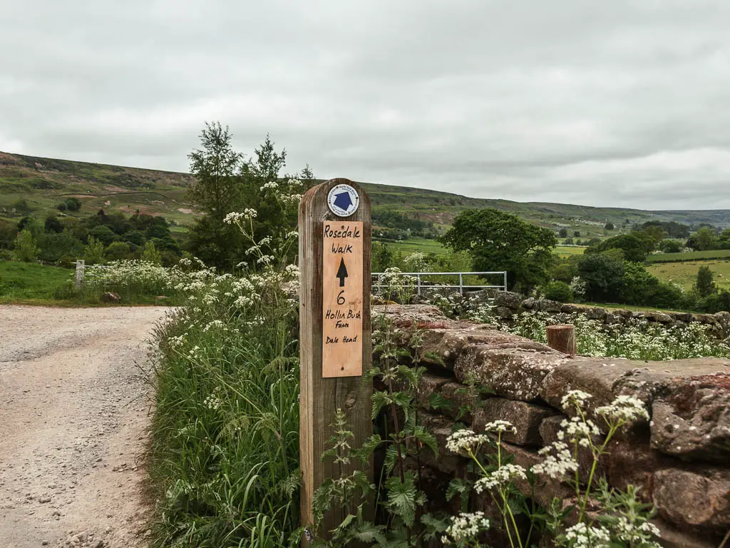 A wooden post with a sign saying 'Rosedale walk', when walking towards Blakey Ridge. There is a gravel road to the left of the sign and a stone wall to the right.