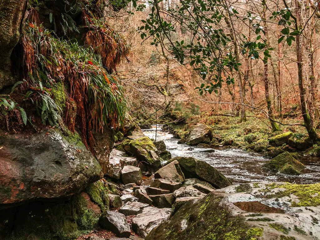 A mass of rocks and a rock cliff on the left side of a small river, which leads to the Mallyan Spout Waterfall.