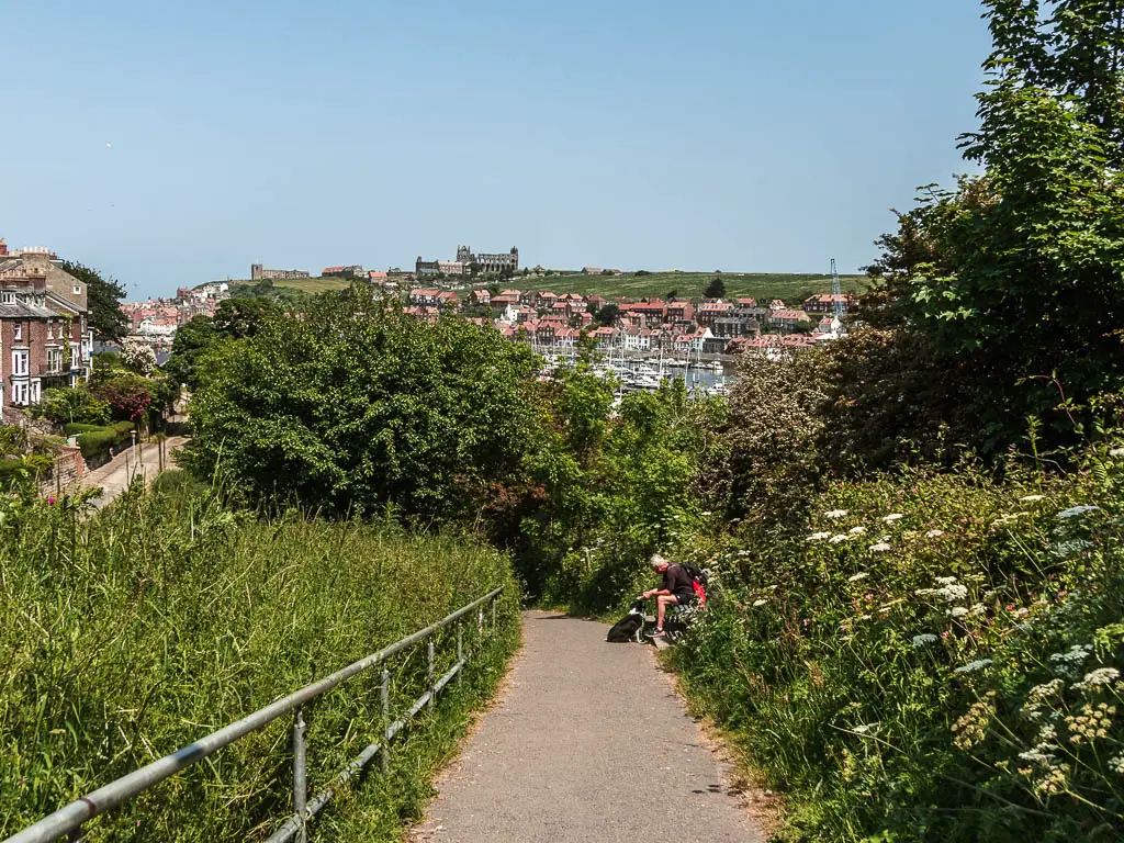 Looking down the footpath, lined with green leafed bushes, and the rooftops of Whitby visible ahead in the distance. There is a man sitting on a bench next to the footpath.