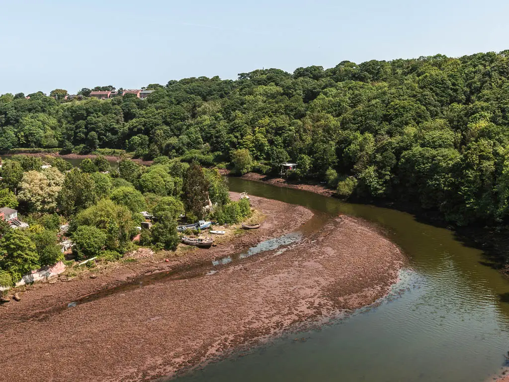 Looking down over the river Esk as it curves to the left around a mud bank, when walking along the Cinder Track from Whitby to Robin Hood's Bay. The right side of the river is full of green leafy trees.