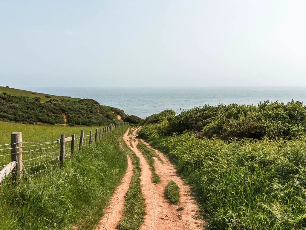 A rugged dirt trail leading straight ahead, with tall green grass and bushes to the right, and a wire fence and green grass field to the left. The blue North Sea is straight ahead past the trail.