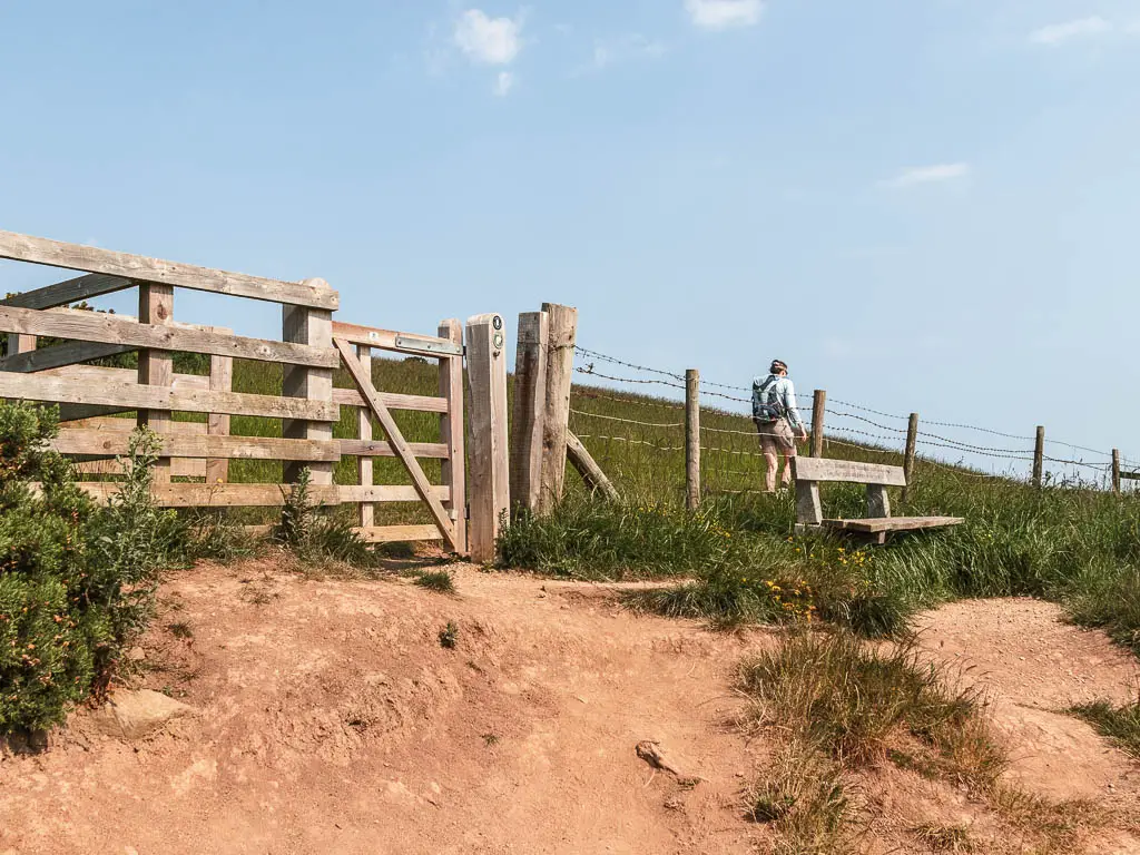 A path of dirt ground, with a wooden gate and fence up ahead. There is a person walking along the other side of the fence.