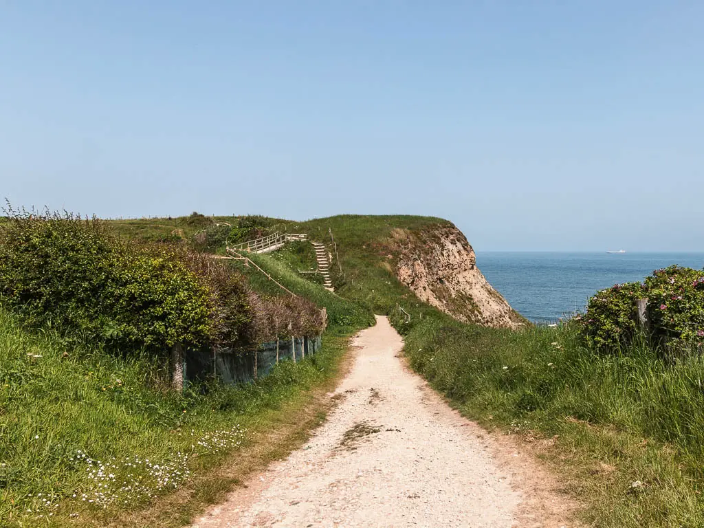 A wide path, lined with grass and some bushes, and the cliffs and blue sea visible ahead.