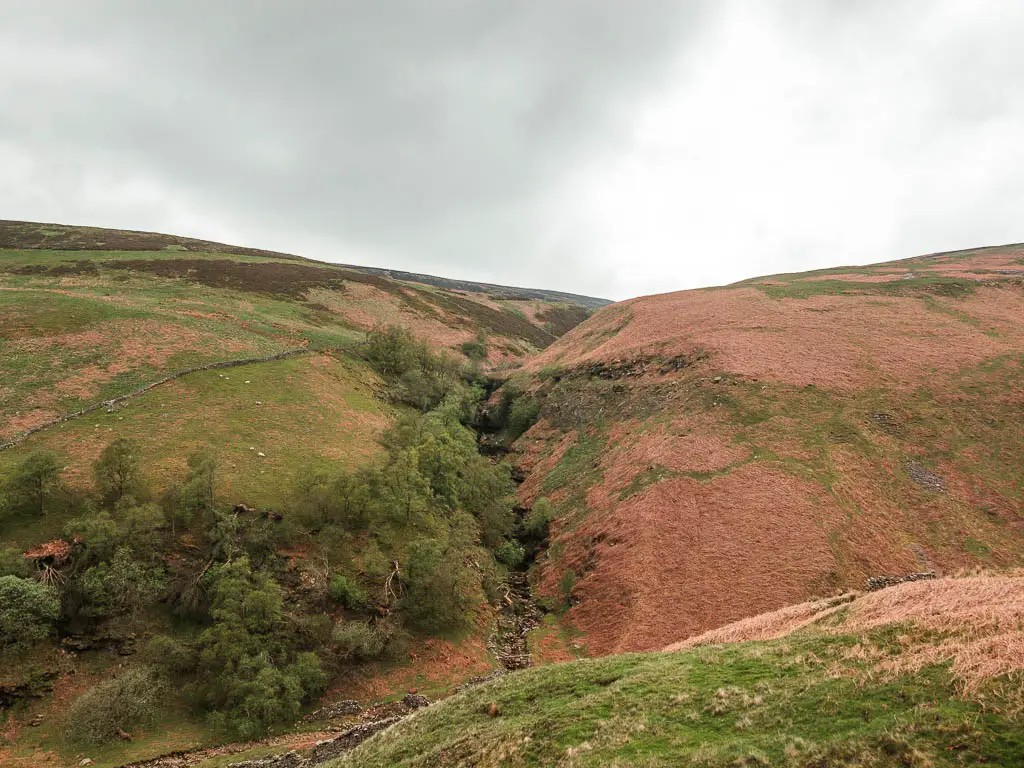 Looking down into the valley with hills of green and orange, part way through the Gunnerside Gill walk in the Yorkshire Dales National Park. There is a gorge in the hill, on the other side of the valley, with trees along the left side of it.