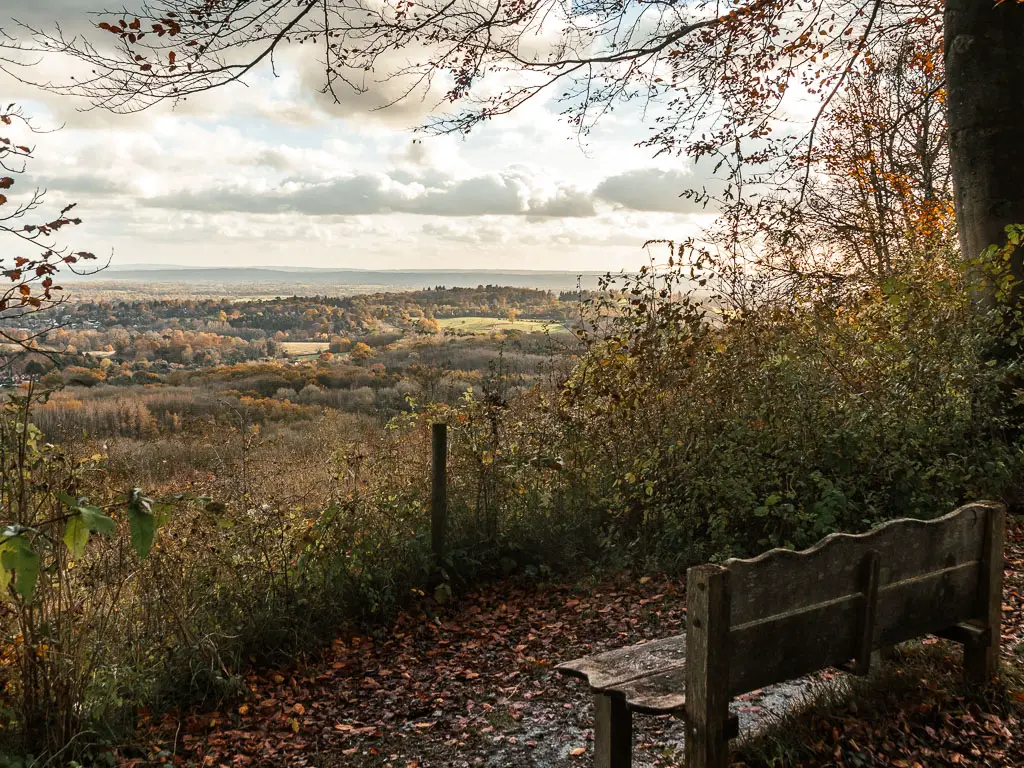 A wooden bench on the right, facing ahead to a view across the fills and trees below. The light is shining down on the fills, creating a golden glow. 