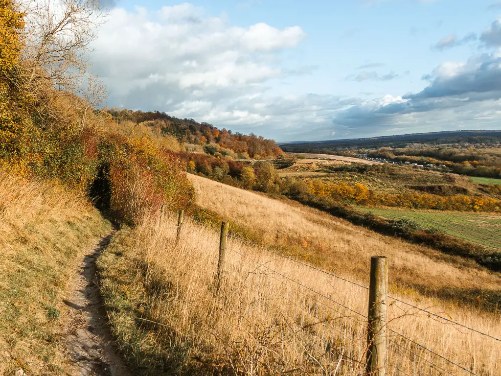 A narrow trail on the left, on the side of a hill, with a view to fields lined with trees below to the right. There is a barbed wire fence eon the right side of the trail.