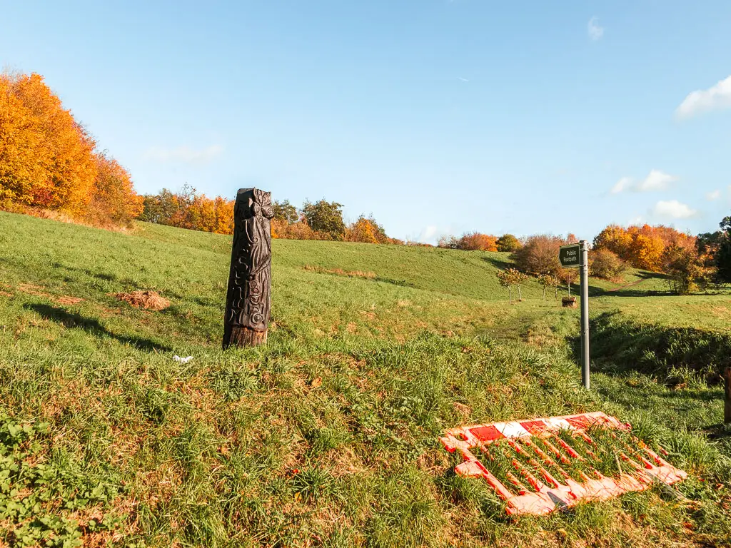 A green grass hill, with a totem pole. There are orange leafed trees at the top of the hill.