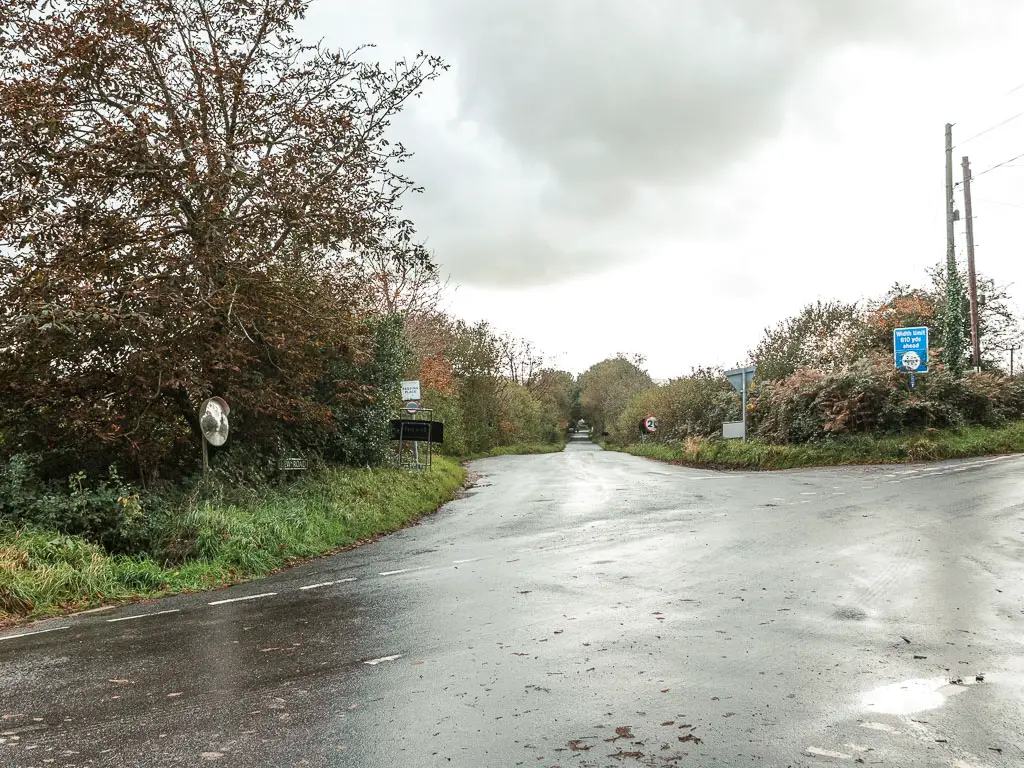 A big road junction, with green bushes and trees on the corners.