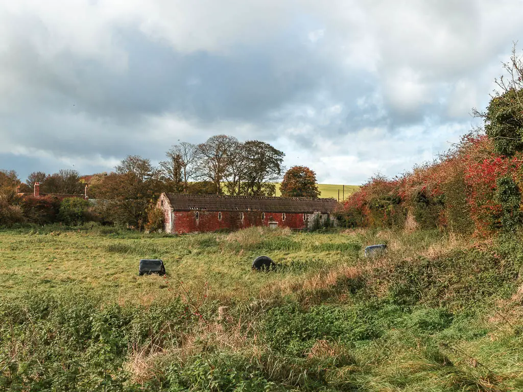 A field with overgrown grass, and long stone walled barn on the other side.