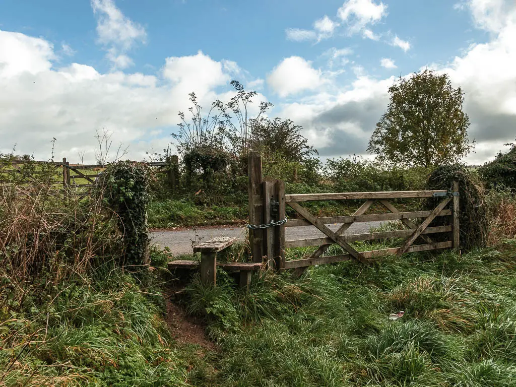 A wooden gate, with wooden step to the left, leading onto the road.