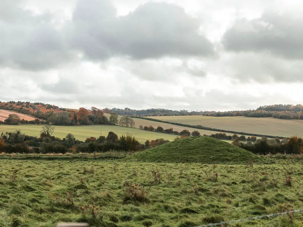 A large green mound in the grass, with hills rising up behind. 