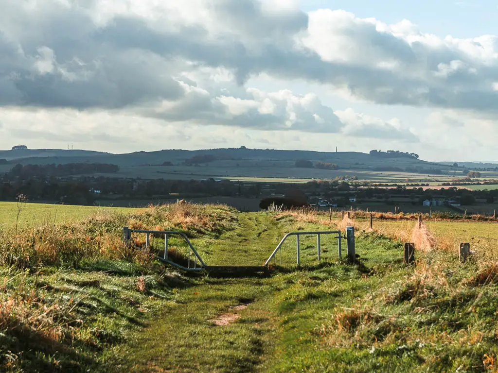 Looking along the grass trail past a metal fence, which is called the herepath, which leads down to Avebury. 