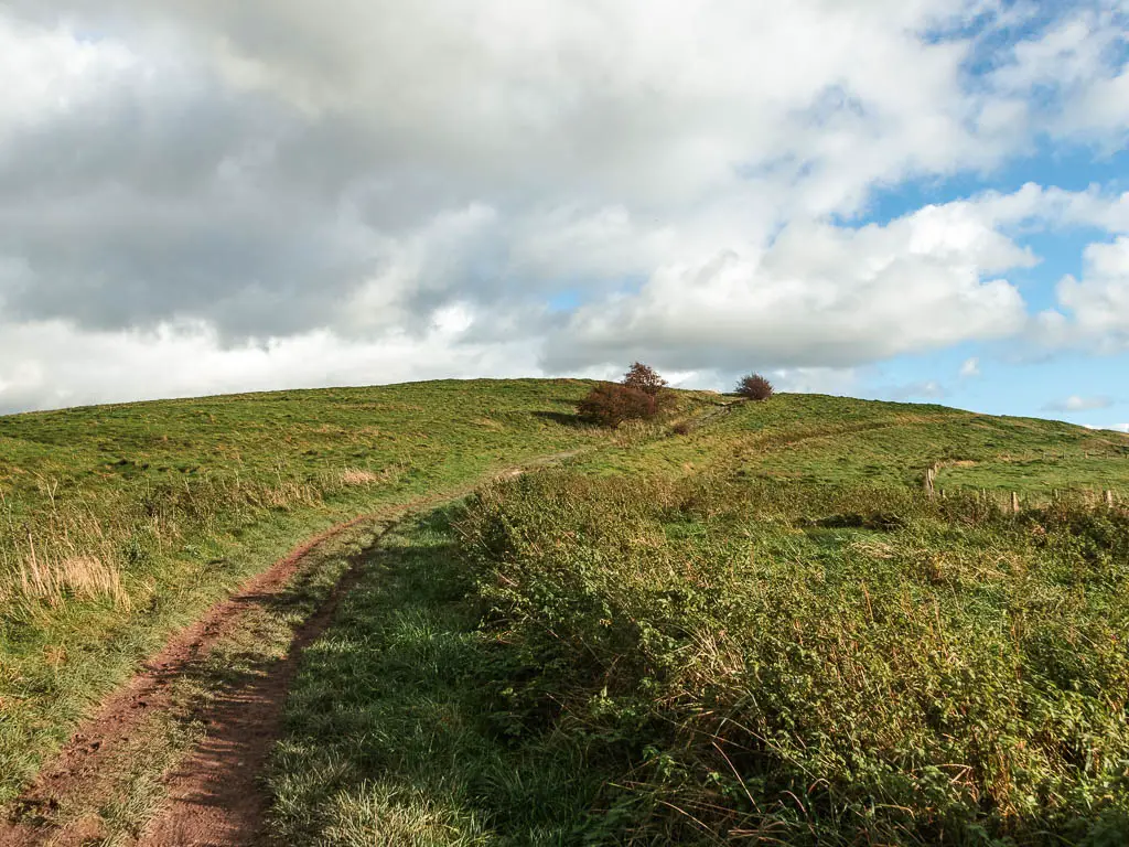 A dirt trail leading up the grass hill towards Barbury Castle.