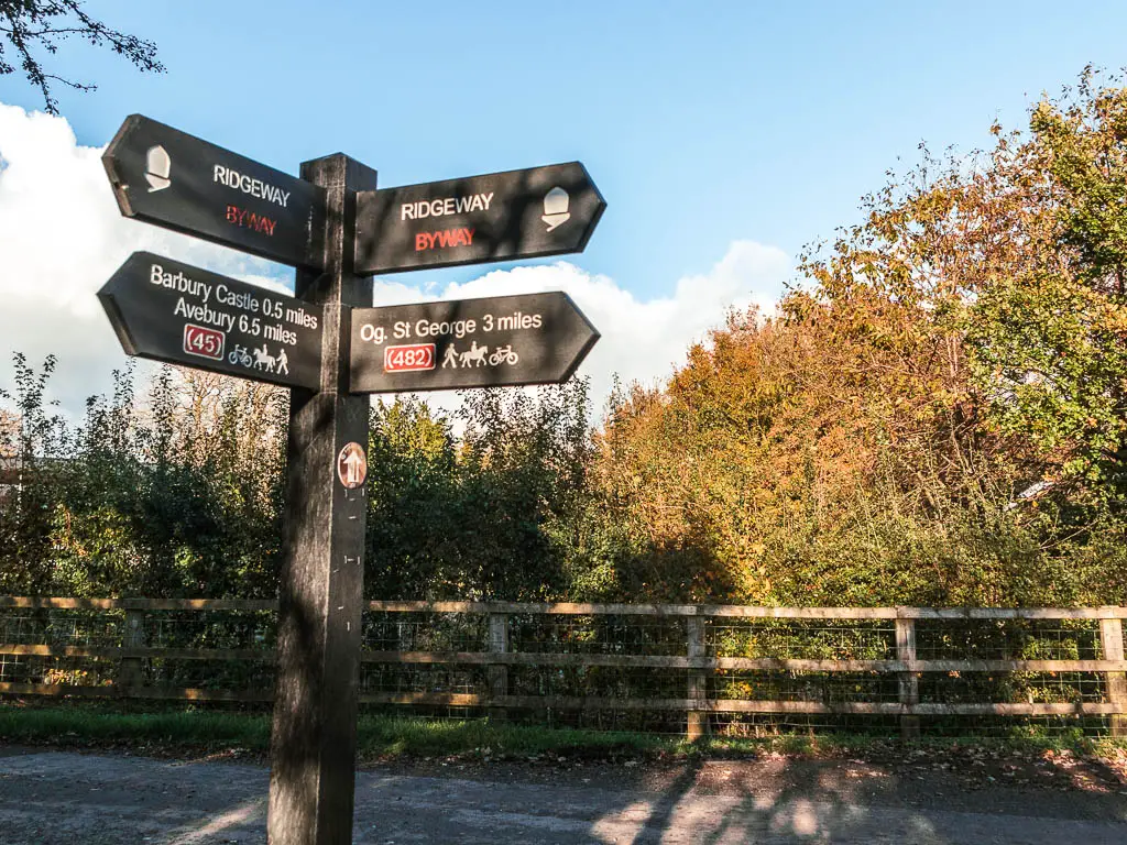 A black coloured wooden trail signpost pointing the way to walk to Avebury and Ogbourne St George along the Ridgeway.