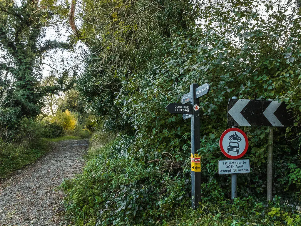 A group of trail and road signs on the right in front of green bushes, with a gravel trail leading ahead to the left.