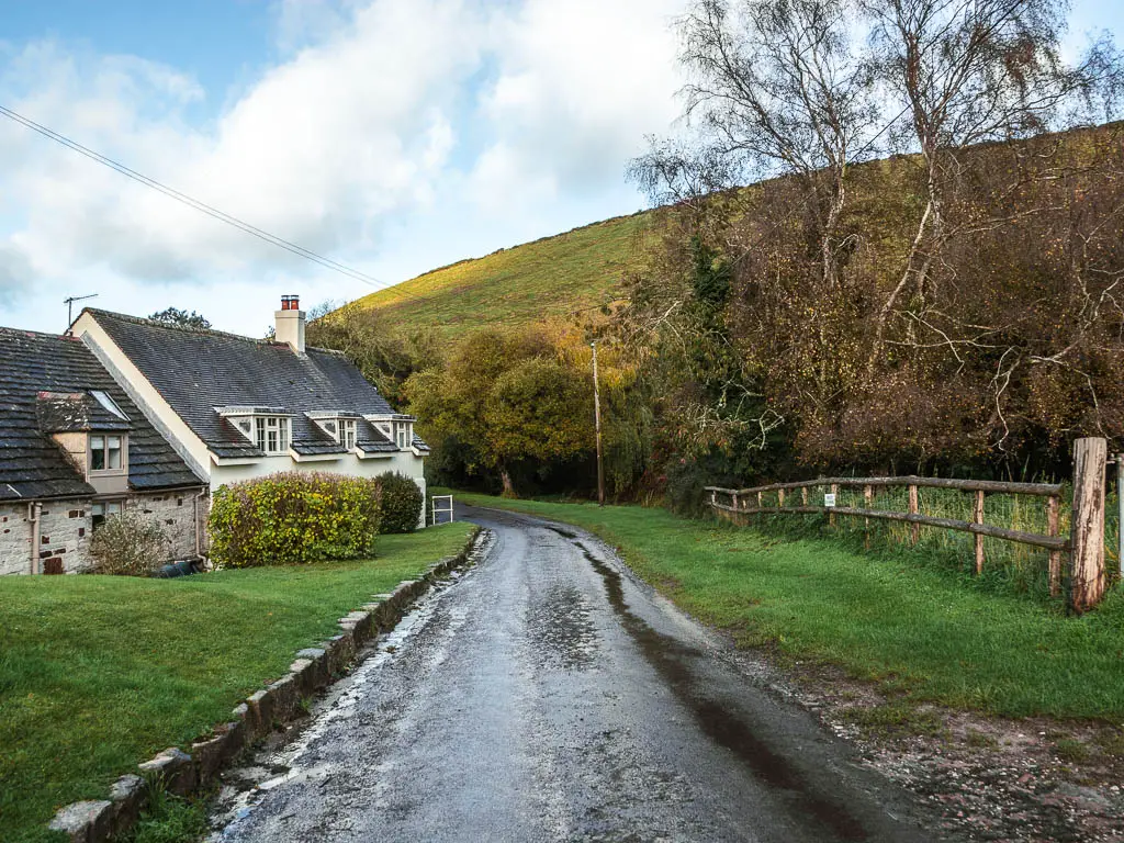 A road with cottages on the left side, and a hill rising up on the right.